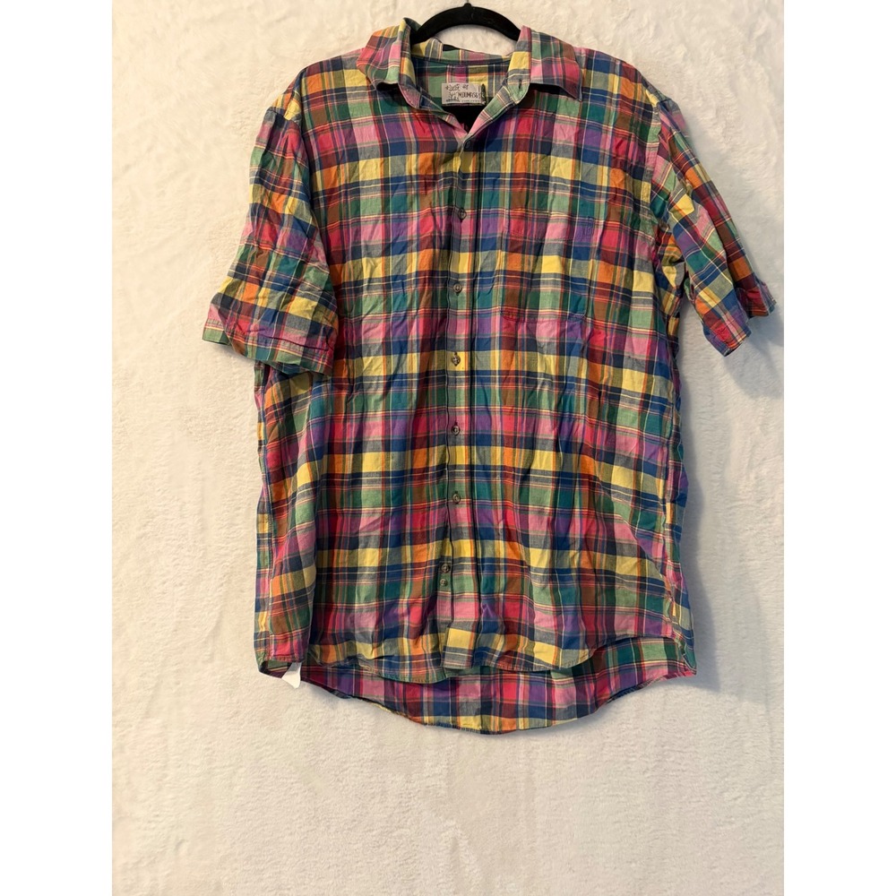 M. Dumas & Sons Mens Large Short Sleeve Plaid Button Down Shirt Multi Color Prep